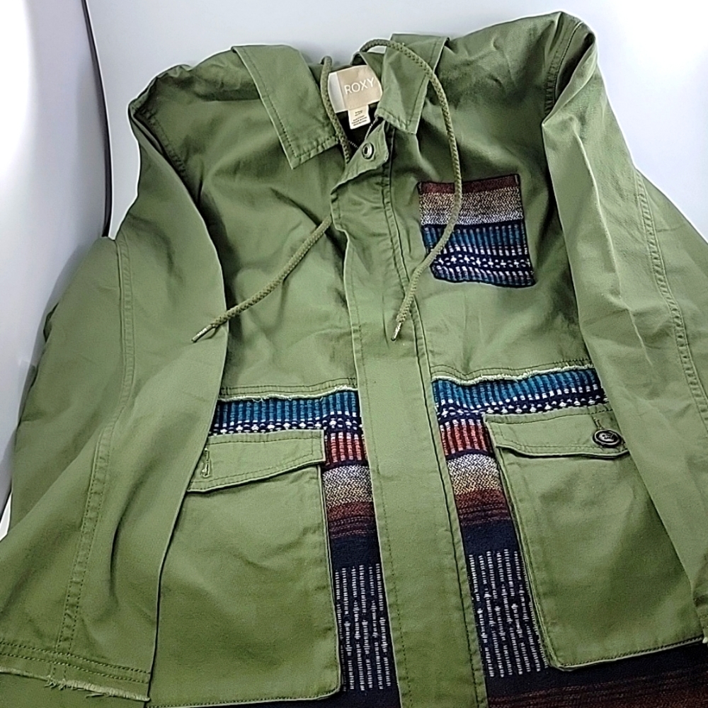 Roxy Olive Green Utility Jacket with Multicolor Tribal Trim
